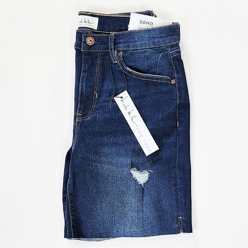 NWT Nicole Miller Soho High Rise Raw Hem Distressed Denim Bermuda Shorts - Picture 4 of 6